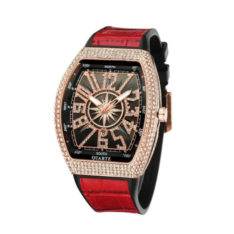 Luxuriöse Herrenuhr mit Totenkopf-Motiv, großes Zifferblatt, rechteckig, Punk-Diamant-Zifferblatt, Lederarmband, Kalender, Quarzuhr für Herren, Sport-Armbanduhren