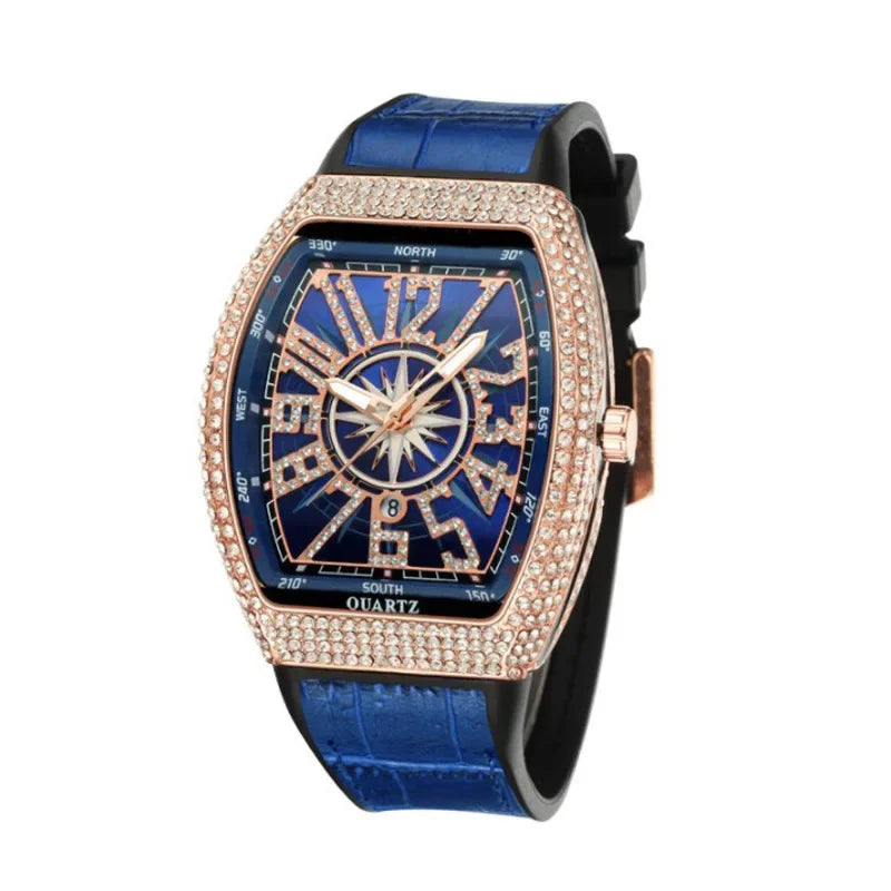 Luxuriöse Herrenuhr mit Totenkopf-Motiv, großes Zifferblatt, rechteckig, Punk-Diamant-Zifferblatt, Lederarmband, Kalender, Quarzuhr für Herren, Sport-Armbanduhren