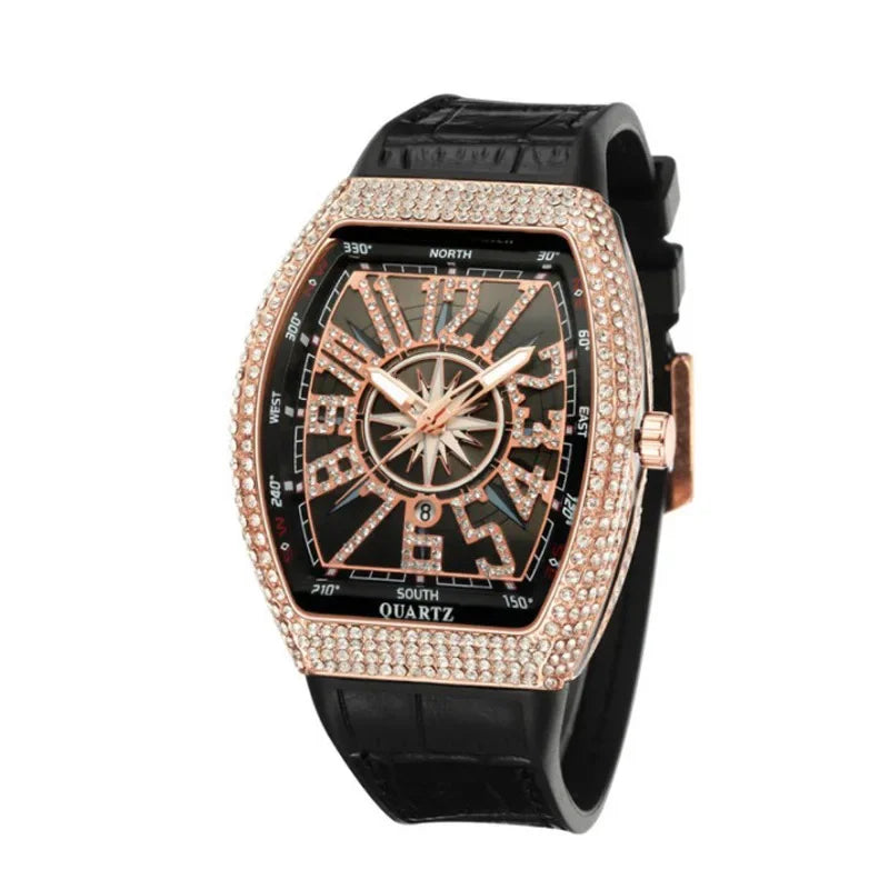 Luxuriöse Herrenuhr mit Totenkopf-Motiv, großes Zifferblatt, rechteckig, Punk-Diamant-Zifferblatt, Lederarmband, Kalender, Quarzuhr für Herren, Sport-Armbanduhren