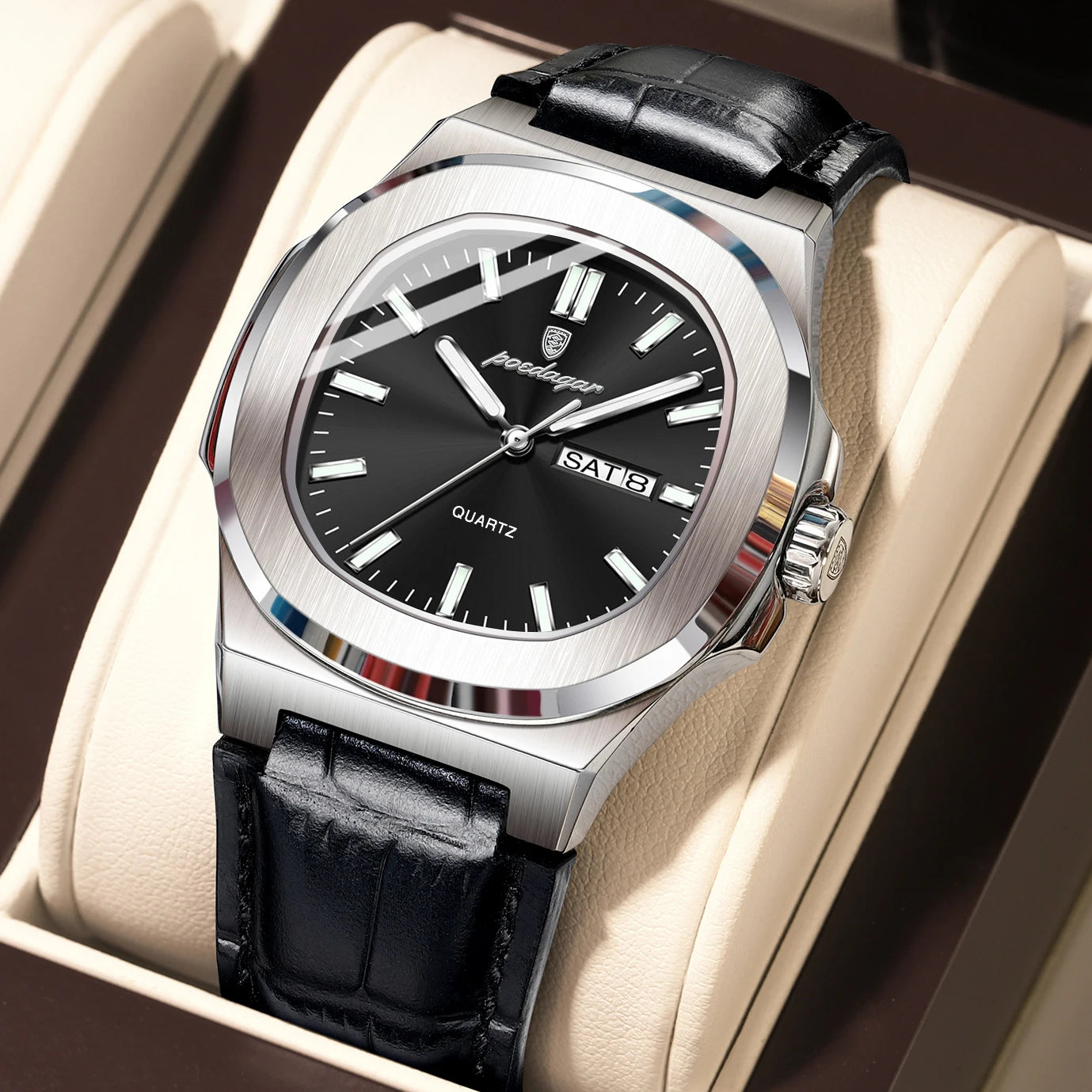 POEDAGAR Hohe Qualität Uhr Für Männer Luxus Leuchtende Wasserdichte Woche Kalender Mann Uhr Leder Platz männer Quarz Uhren Reloj