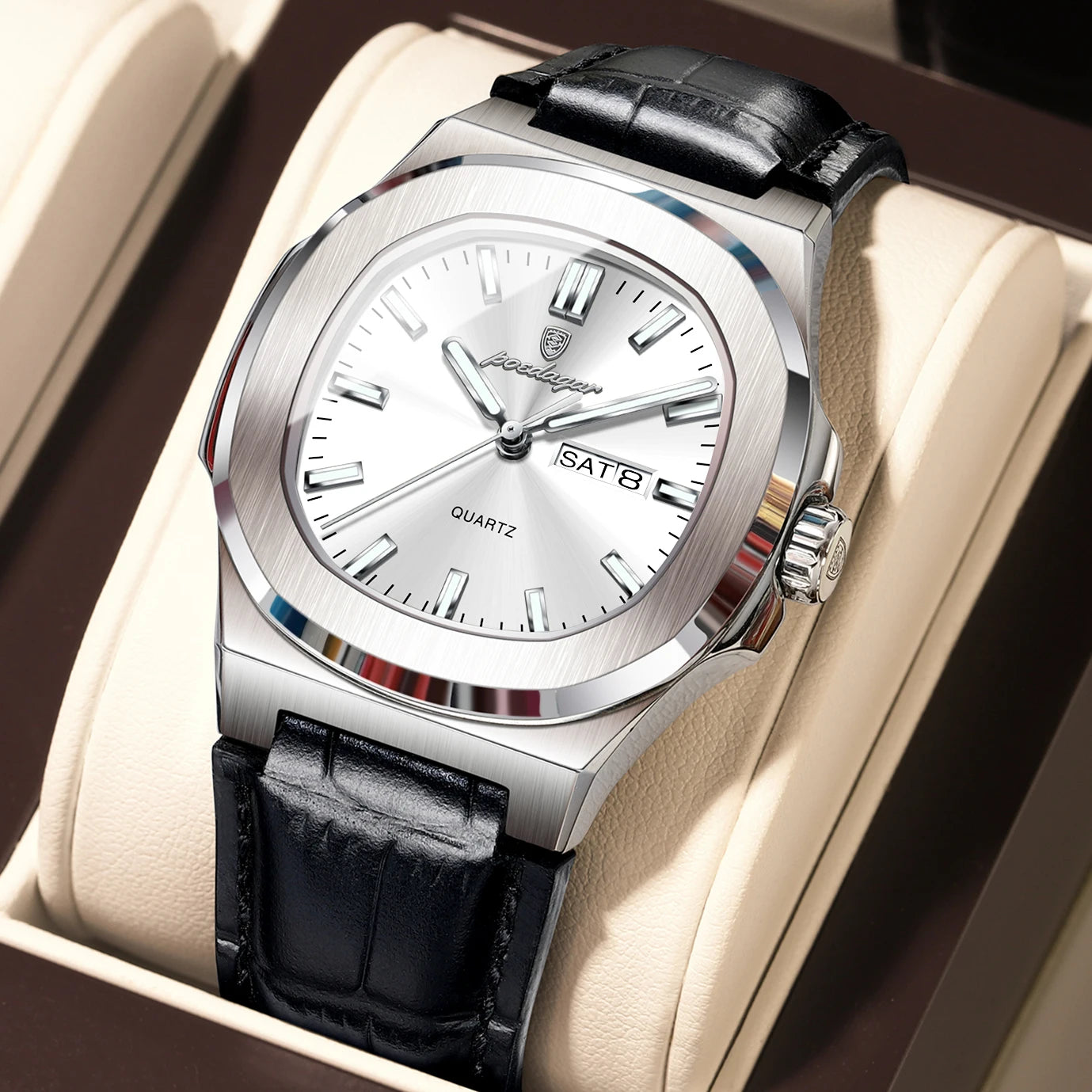 POEDAGAR Hohe Qualität Uhr Für Männer Luxus Leuchtende Wasserdichte Woche Kalender Mann Uhr Leder Platz männer Quarz Uhren Reloj