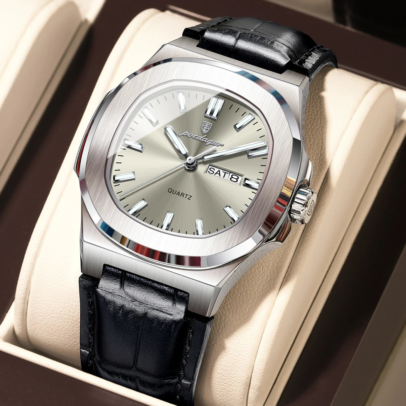 POEDAGAR Hohe Qualität Uhr Für Männer Luxus Leuchtende Wasserdichte Woche Kalender Mann Uhr Leder Platz männer Quarz Uhren Reloj