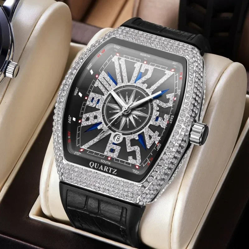 Luxuriöse Herrenuhr mit Totenkopf-Motiv, großes Zifferblatt, rechteckig, Punk-Diamant-Zifferblatt, Lederarmband, Kalender, Quarzuhr für Herren, Sport-Armbanduhren