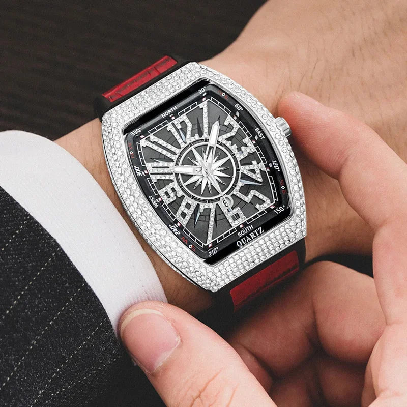 Luxuriöse Herrenuhr mit Totenkopf-Motiv, großes Zifferblatt, rechteckig, Punk-Diamant-Zifferblatt, Lederarmband, Kalender, Quarzuhr für Herren, Sport-Armbanduhren