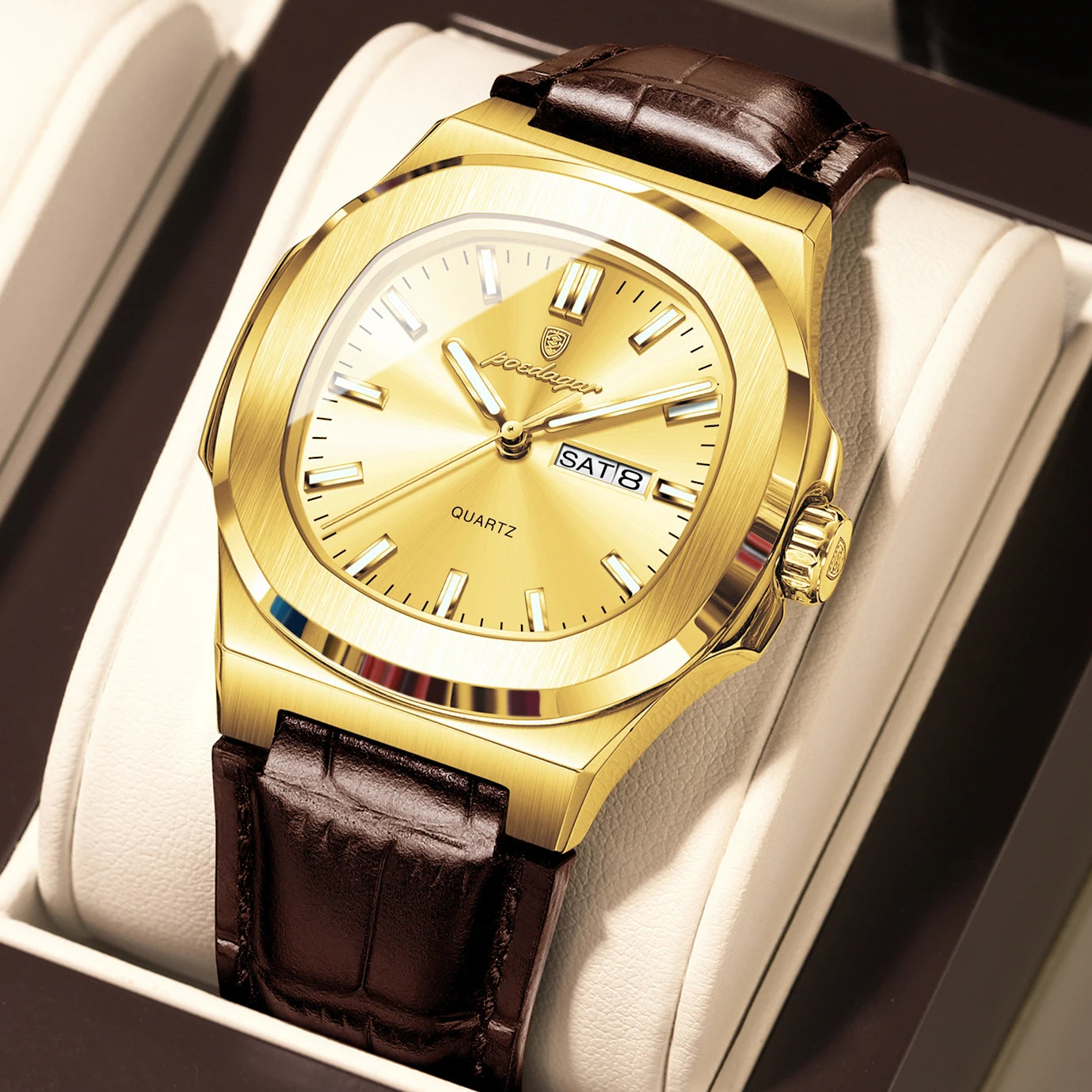 POEDAGAR Hohe Qualität Uhr Für Männer Luxus Leuchtende Wasserdichte Woche Kalender Mann Uhr Leder Platz männer Quarz Uhren Reloj