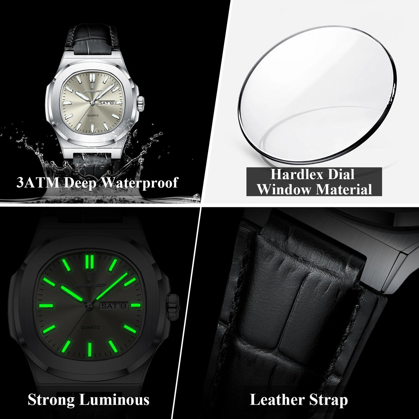 POEDAGAR Hohe Qualität Uhr Für Männer Luxus Leuchtende Wasserdichte Woche Kalender Mann Uhr Leder Platz männer Quarz Uhren Reloj