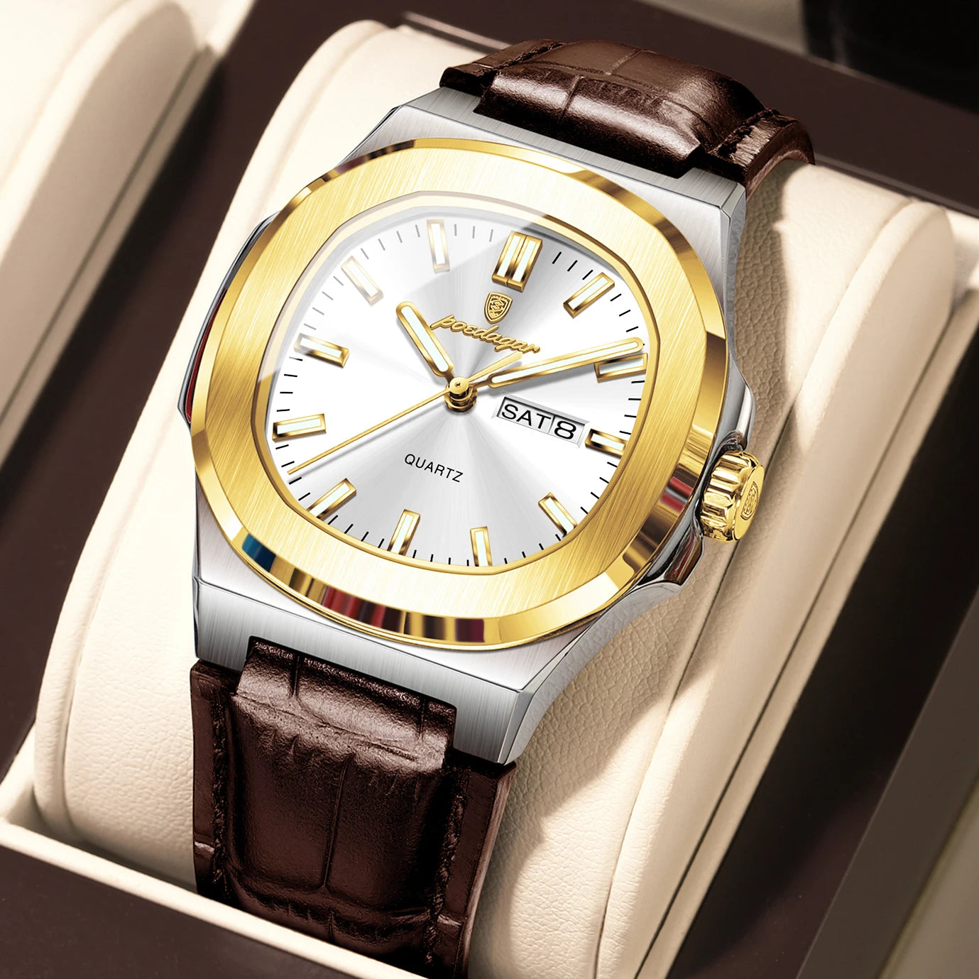 POEDAGAR Hohe Qualität Uhr Für Männer Luxus Leuchtende Wasserdichte Woche Kalender Mann Uhr Leder Platz männer Quarz Uhren Reloj