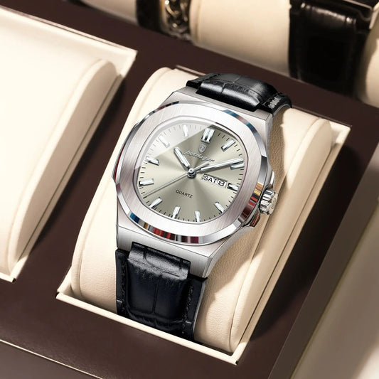 POEDAGAR Hohe Qualität Uhr Für Männer Luxus Leuchtende Wasserdichte Woche Kalender Mann Uhr Leder Platz männer Quarz Uhren Reloj