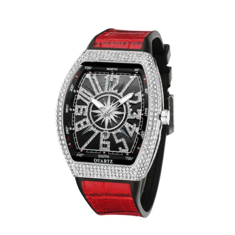 Luxuriöse Herrenuhr mit Totenkopf-Motiv, großes Zifferblatt, rechteckig, Punk-Diamant-Zifferblatt, Lederarmband, Kalender, Quarzuhr für Herren, Sport-Armbanduhren