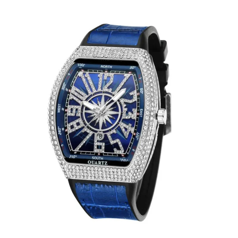 Luxuriöse Herrenuhr mit Totenkopf-Motiv, großes Zifferblatt, rechteckig, Punk-Diamant-Zifferblatt, Lederarmband, Kalender, Quarzuhr für Herren, Sport-Armbanduhren